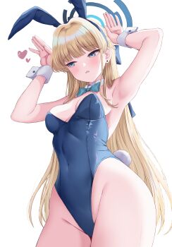 1girl absurdres animal_ears armpits arms_up bare_shoulders blonde_hair blue_archive blue_bow blue_bowtie blue_eyes blue_hairband blue_leotard bow bowtie braid breasts collar commentary_request covered_navel detached_collar earrings fake_animal_ears groin hair_intakes hairband halo heart highres jewelry leotard long_hair looking_to_the_side medium_breasts norazura parted_lips playboy_bunny rabbit_ears rabbit_pose rabbit_tail simple_background solo strapless strapless_leotard stud_earrings tail toki_(blue_archive) very_long_hair white_background white_collar wing_collar wrist_cuffs