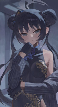 1girl absurdres bare_shoulders black_gloves blue_archive braid braided_bun butterfly_hair_ornament china_dress chinese_clothes chiyo_kami commentary_request double_bun dragon_print dress elbow_rest expressionless gloves grey_eyes grey_halo hair_bun hair_ornament halo hand_on_own_cheek hand_on_own_face head_rest highres jacket kisaki_(blue_archive) looking_at_viewer pinstripe_jacket pinstripe_pattern print_dress solo striped_clothes striped_jacket vertical-striped_clothes vertical-striped_jacket
