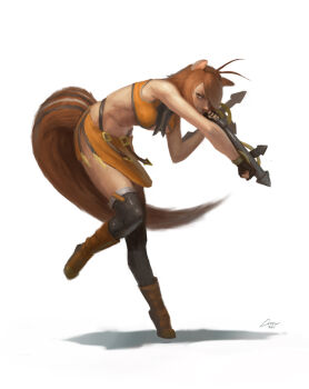 1girl alex_chow animal_ears antenna_hair arc_system_works blazblue blazblue:_continuum_shift boots breasts brown_hair dual_wielding female_focus fingerless_gloves gloves halterneck holding makoto_nanaya midriff miniskirt motion_lines navel orange_skirt punching red_eyes short_hair skirt solo squirrel_ears squirrel_tail standing tail thighhighs tonfa weapon