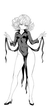 1girl breasts collarbone commentary covered_navel curly_hair dress full_body greyscale highres legs looking_at_viewer lw_goombang monochrome one-punch_man pelvic_curtain shoes simple_background small_breasts solo standing symbol-only_commentary tatsumaki thighs white_background