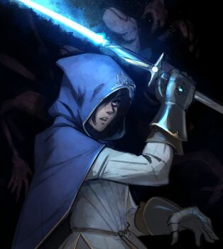 black_hair blue_cloak blue_hood cloak darkness elden_ring gambeson gauntlets glowing glowing_weapon holding holding_sword holding_weapon looking_at_viewer medium_hair pink_eyes psuede sword tarnished_(elden_ring) weapon