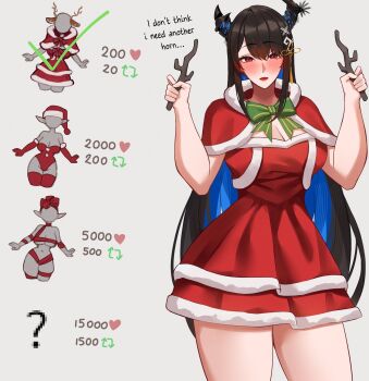 1girl alternate_costume black_hair blue_hair breasts capelet cleavage demon_horns dress fur-trimmed_capelet fur-trimmed_dress fur_trim highres hololive hololive_english horns large_breasts linyi looking_at_viewer mole mole_under_eye nerissa_ravencroft open_mouth red_capelet red_dress red_eyes santa_costume santa_dress smile solo virtual_youtuber