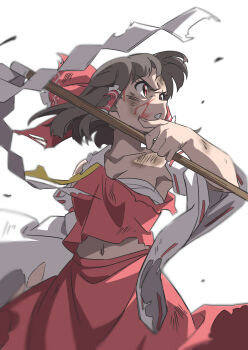 1girl angry armpits ascot blood blood_on_face bow breasts brown_hair chest_sarashi collared_shirt commentary_request detached_sleeves dirty dirty_clothes dirty_face fingernails frilled_hair_tubes frills gohei gyouza_(mhea5724) hair_bow hair_tubes hakurei_reimu highres holding holding_gohei looking_to_the_side looking_up medium_breasts medium_hair midriff_peek navel open_mouth red_bow red_eyes red_shirt red_skirt sarashi shirt skirt solo torn_clothes touhou white_background white_sleeves yellow_ascot
