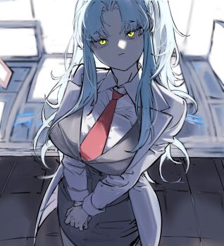 1girl angela_(project_moon) black_suit blue_hair closed_mouth coat collared_shirt commentary_request formal_clothes highres lab_coat lobotomy_corporation long_sleeves modeungeurekeulnaegero necktie project_moon shirt side_ponytail suit white_shirt yellow_eyes