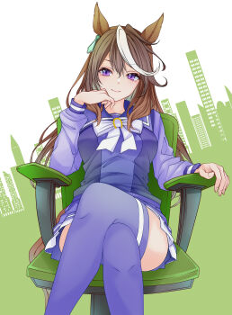 1girl absurdres animal_ears blush bow bowtie breasts brown_hair chair closed_mouth commentary_request crossed_legs earrings hair_between_eyes head_rest highres horse_ears horse_girl horse_tail jewelry long_hair long_sleeves looking_at_viewer medium_breasts multicolored_hair pleated_skirt purple_eyes purple_sailor_collar purple_serafuku purple_shirt purple_skirt purple_thighhighs reishi_(litvyak) sailor_collar sailor_shirt school_uniform serafuku shirt single_earring sitting skirt smile streaked_hair symboli_rudolf_(umamusume) tail thighhighs tracen_school_uniform umamusume white_bow white_bowtie white_hair