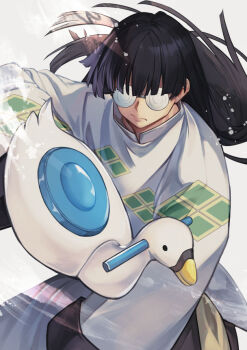 1boy black_hair coke-bottle_glasses commentary_request glasses hinoru_saikusa jacket long_hair male_focus mousse_(ranma_1/2) opaque_glasses potty ranma_1/2 simple_background solo white_background white_jacket wide_sleeves