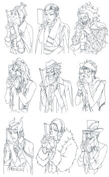 101_dalmatians 6+boys aladdin_(movie) alice's_adventures_in_wonderland animal_ears asa_(ultimatekakkoii) azul_ashengrotto book covering_face crown cruella_de_vil disney divus_crewel dr_facilier garrison_cap hades_(disney) hat hercules_(disney) highres horns idia_shroud jacket jacket_on_shoulders kalim_al-asim leona_kingscholar lion_ears long_hair magazine_(object) male_focus maleficent malleus_draconia mini_crown multiple_boys pillbox_hat pointy_ears queen_grimhilde queen_of_hearts_(alice_in_wonderland) riddle_rosehearts sam_(twisted_wonderland) scar_(the_lion_king) simple_background sleeping_beauty_(disney) snow_white_and_the_seven_dwarfs_(disney) sultan_(disney) the_lion_king the_little_mermaid_(disney) the_princess_and_the_frog_(disney) top_hat twisted_wonderland ursula_(disney) vil_schoenheit white_background