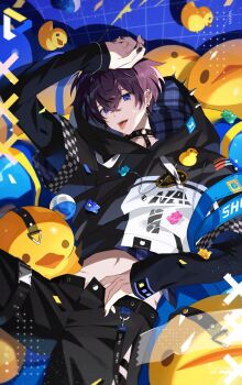 1boy black_nails blue_eyes earrings highres hp_(3000x4500) indie_virtual_youtuber jewelry long_sleeves looking_at_viewer male_focus navel open_mouth purple_hair short_hair shoto_(vtuber) virtual_youtuber