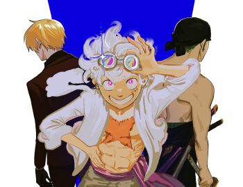 Rule 34 | 3boys, absurdres, bandana, blonde hair, commentary request, gear fifth, goggles, goggles on head, highres, male focus, monkey d. luffy, multiple boys, one piece, open clothes, open shirt, roronoa zoro, sanji (one piece), scar, topless male, transformation, white hair, yao yasan