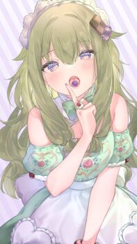 Rule 34 | 1girl, alternate color, apron, bare shoulders, blush, bow, bowtie, candy, candy hair ornament, checkerboard cookie, checkerboard cookie hair ornament, cherry, commentary request, cookie, cookie hair ornament, detached sleeves, diagonal-striped background, dress, food, food-themed hair ornament, fruit, green bow, green bowtie, green dress, green hair, hair ornament, heart, highres, jewelry, kusanagi nene, long hair, looking at viewer, open mouth, project sekai, purple background, purple eyes, ring, shiguri, solo, striped background, sweetie cup dress (project sekai), variant set, white apron