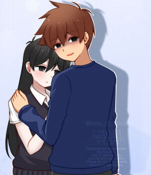 2boys alternate_hair_length alternate_hairstyle antenna_hair black_eyes black_hair black_sweater_vest blue_sweater bright_pupils brown_hair closed_mouth collared_shirt commentary_request dark-skinned_male dark_skin double-parted_bangs ear_piercing hair_behind_ear hair_between_eyes hand_on_another's_shoulder hero_(faraway)_(omori) hero_(omori) highres hisaho long_hair long_sleeves looking_at_viewer male_focus multiple_boys omori parted_lips piercing shirt short_hair short_sleeves smile sunny_(omori) sweater sweater_vest twitter_username very_short_hair watermark white_pupils white_shirt yaoi