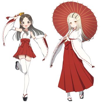 2girls bell blonde_hair blush brown_eyes brown_hair commentary_request detached_sleeves full_body gakuen_idolmaster hair_ornament hairclip hakama hakama_short_skirt hakama_skirt highres holding holding_umbrella idolmaster japanese_clothes jingle_bell kagura_suzu kosode kuramoto_china long_hair long_skirt long_sleeves looking_at_viewer miko multiple_girls oil-paper_umbrella open_mouth orange_eyes osoba_susurukun parallel_hairclips parted_bangs red_hakama sandals shinosawa_hiro simple_background skirt smile thighhighs umbrella white_background white_thighhighs wide_sleeves