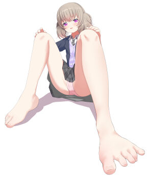 1girl blue_jacket blush brown_hair collared_shirt fang feet female_focus foot_focus full_body grey_neckwear grey_skirt highres jacket loli looking_at_viewer necktie no_legwear open_mouth panties pantyshot pink_panties plaid_clothes plaid_skirt purple_eyes purple_sweater sakamatashachi shirt simple_background skirt slow_loop solo striped_neckwear sweater toenails underwear upskirt white_shirt yoshinaga_koi