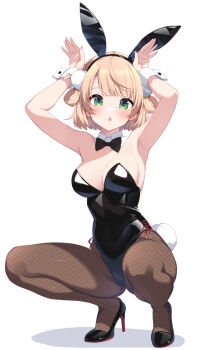 1girl animal_ear_hairband animal_ears armpits arms_up black_leotard blonde_hair blue_leotard blush bow bowtie breasts covered_navel detached_collar fake_animal_ears fake_tail fishnet_pantyhose fishnets hairband high_heels highleg highleg_leotard highres indie_virtual_youtuber kurono_yuzuko large_breasts leotard looking_at_viewer medium_hair pantyhose playboy_bunny rabbit_ears rabbit_pose rabbit_tail shigure_ui_(vtuber) smile solo spread_legs squatting strapless strapless_leotard tail white_wrist_cuffs wrist_cuffs
