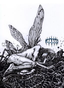 1boy absurdres arthropod_boy blanca_(fate) blue_eyes bug centipede completely_nude crown dominic_ian_cabatit fate/grand_order fate_(series) floating_crown greyscale hair_over_one_eye hand_over_eye highres insect insect_wings lying male_focus medium_hair monochrome moth nipples nude oberon_(fate) oberon_(third_ascension)_(fate) on_side rhinoceros_beetle spot_color white_background wide-eyed wings