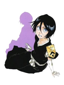 Rule 34 | 1girl, badge, black hair, bleach, blue eyes, breasts, collarbone, elbow gloves, female focus, fukutaichou badge, full body, gloves, happy, japanese clothes, kubo tite, kuchiki rukia, looking at viewer, official art, shadow, shihakusho, short hair, simple background, sitting, small breasts, teeth, white background
