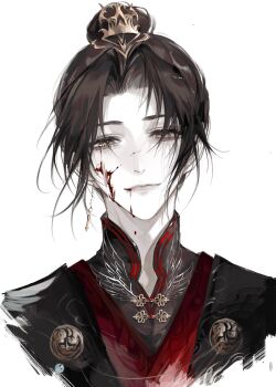 1boy absurdres black_hair black_hanfu blood blood_from_mouth blood_on_face brown_eyes brown_hair chinese_clothes chinese_commentary chinese_knot closed_mouth earrings eyelashes hanfu highres jewelry long_hair looking_at_viewer male_focus mandarin_collar meng_renjian nidexintu parted_bangs portrait simple_background smile solo topknot updo upper_body white_background xiao_guan_(headdress) xie_hui