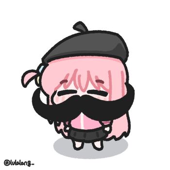 Rule 34 | 1girl, beret, black hat, black skirt, bocchi the rock!, chibi, chibi only, closed eyes, commentary, english commentary, facing viewer, fake facial hair, fake mustache, full body, gotoh hitori, hat, jacket, long hair, lulalang, one side up, pink hair, pink jacket, simple background, skirt, solo, standing, white background
