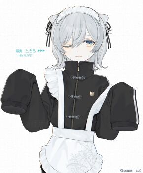 1girl apron black_jacket black_ribbon character_name closed_mouth commentary green_eyes grey_hair hair_ribbon heart heart_in_eye highres iei000 indie_virtual_youtuber jacket jersey_maid long_sleeves maid maid_headdress nekomugi_tororo one_eye_closed ribbon sleeves_past_fingers sleeves_past_wrists solo symbol_in_eye track_jacket twitter_username unconventional_maid virtual_youtuber waist_apron white_apron white_background