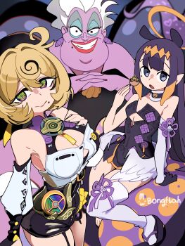 Rule 34 | 3girls, absurdres, artist name, black eyes, black hair, black hat, blonde hair, bongftah, breasts, cleavage, colored skin, commentary, crossover, detached sleeves, disney, fat, fat woman, green eyes, halo, hat, highres, hololive, hololive english, large breasts, long hair, looking at viewer, mole, mole under eye, mole under mouth, monster girl, multicolored hair, multiple girls, ninomae ina'nis, old, old woman, orange halo, purple skin, scylla, short hair, single thighhigh, small breasts, symbol-only commentary, tentacles, the little mermaid (disney), thighhighs, two-tone hair, ursula (disney), virtual youtuber, white thighhighs, yidhari murphy, zenless zone zero