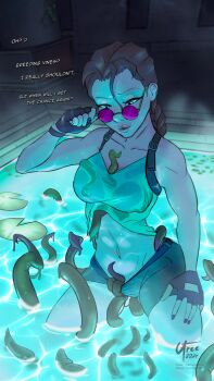 1girl 2024 adjusting_eyewear artist_name black_gloves black_nails blue_eyes braid braided_ponytail breasts brown_hair cravingsfree dated english_text fingerless_gloves gloves green_shirt highres indoors lara_croft large_breasts lily_pad long_hair navel patreon_username plant purple-tinted_eyewear round_eyewear shirt short_shorts shorts signature solo sunglasses tentacles tinted_eyewear tomb_raider twitter_username vines water