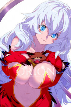 1boy 1girl artemis_(fate) bare_shoulders between_breasts blue_eyes blush bracelet breasts center_opening character_name cleavage detached_sleeves dress echo_(circa) fate/grand_order fate_(series) gloves jewelry large_breasts long_hair looking_at_viewer navel necklace orion_(bear)_(fate) red_dress red_gloves short_dress smile white_hair