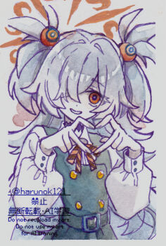 1girl adversarial_noise blue_archive brown_eyes commentary diagonal-striped_ribbon dress four-finger_heart_hands grey_hair hair_over_one_eye halo harunok121 heart heart_hands highres kanoe_(blue_archive) long_hair orange_halo pinafore_dress puffy_sleeves sleeveless sleeveless_dress solo traditional_media twitter_username two_side_up upper_body