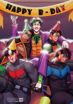 bat_signal batman_(series) batman_symbol black_hair blood blue_eyes bodysuit damian_wayne dc_comics dick_grayson facepaint formal_clothes gloves green_hair grey_bodysuit highres holding jacket jason_todd laurarts_23 long_sleeves looking_at_viewer makeup male_focus multicolored_bodysuit multiple_boys muscular muscular_male nightwing nose realistic red_hood_(dc) robin_(dc) shirt short_hair simple_background smile suit superhero_costume taut_bodysuit the_joker tim_drake two-tone_bodysuit western_comics_(style) white_hair