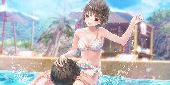1boy 1girl :d armpits beach_house beach_umbrella bikini blue_reflection_(series) blue_reflection_sun blue_sky blurry blurry_background breasts brown_eyes brown_hair carrying cleavage collarbone day floral_print_sarong game_cg glasses hand_on_another&#039;s_head hand_up highres kishida_mel light_rays medium_breasts non-web_source official_art open_mouth outdoors palm_tree partially_submerged piggyback pool print_bikini print_sarong protagonist_(blue_reflection_sun) round_eyewear sarong short_hair sky smile splashing star_(symbol) star_print star_print_bikini strap_slip sunlight swimsuit takaoka_yukiko tree umbrella white_bikini white_sarong