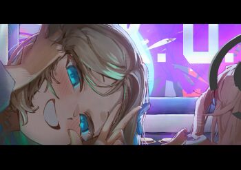 2girls absurdres arcade_cabinet asuna_(blue_archive) black_halo blonde_hair blue_archive blue_eyes blue_halo grin halo highres long_hair looking_at_viewer minibi_(minibeat) multiple_girls neru_(blue_archive) pink_hair selfie smile w