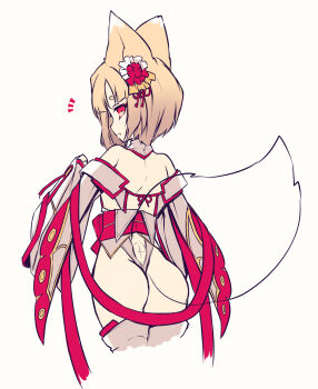 1girl animal_ears ass ass_focus bare_shoulders blonde_hair collar commentary_request cropped_legs detached_collar detached_sleeves fox_ears fox_girl fox_tail from_behind highleg highleg_leotard highres hisui_(syarute) japanese_clothes kitsune leotard looking_at_viewer looking_back medium_hair nontraditional_miko notice_lines obi obijime original red_eyes ribbon-trimmed_sleeves ribbon_trim sash see-through_tail shoulder_blades sidelocks simple_background solo tail thick_eyebrows thighhighs thighs thong_leotard white_background white_thighhighs