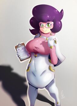 1girl artbenbeau benbeau big_hair breasts capelet clefairy gen_1_pokemon glasses gloves green_eyes high-waist_skirt holding holding_notepad holding_pen large_breasts long_sleeves medium_skirt nintendo notepad pen pencil_skirt pink-framed_eyewear pink_sweater pokemon pokemon_sm purple_hair ribbed_sweater short_hair skirt smile solo sweater sweater_guard thighhighs turtleneck turtleneck_sweater white_capelet white_gloves white_skirt white_thighhighs wicke_(pokemon)