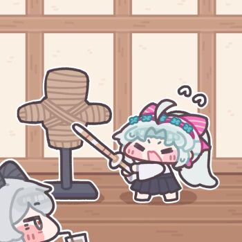 2girls =_= ahoge black_skirt bokken bow carlotta_(wuthering_waves) chibi chibi_only commentary_request drinking flying_sweatdrops grey_hair hair_bow holding holding_sword holding_weapon indoors korean_commentary long_hair looking_at_another monyami multiple_girls open_mouth pink_bow skirt sword training weapon wooden_sword wuthering_waves zani_(wuthering_waves)