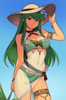 1girl absurdres armlet bare_arms bikini breasts cleavage closed_mouth criss-cross_halter fire_emblem fire_emblem_echoes:_shadows_of_valentia fire_emblem_heroes flower green_bikini green_eyes green_hair hair_flower hair_ornament halterneck hat highres holding jewelry long_hair looking_at_viewer medium_breasts navel nintendo official_alternate_costume outdoors palla_(fire_emblem) palla_(summer)_(fire_emblem) palm_leaf sarong see-through_clothes see-through_sarong skindentation smgold smile solo stomach sun_hat swimsuit thighlet thighs very_long_hair
