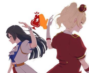 Rule 34 | 2girls, arched crown, ascot, black hair, blonde hair, blue shirt, bow, bowtie, burn!! (love live!), circle of love (love live!), commentary, crown, daikuro (adddaik), elbow gloves, english commentary, gloves, grey eyes, highres, jacket, love live!, love live! nijigasaki high school idol club, love live! nijigasaki high school idol club the movie - finale, midriff, miyashita ai, multiple girls, open clothes, open jacket, orange eyes, ponytail, profile, puffy short sleeves, puffy sleeves, red crown, red jacket, shirt, short-sleeved jacket, short sleeves, simple background, tilted headwear, v-shaped eyebrows, white ascot, white background, white bow, white bowtie, white gloves, white jacket, yuki setsuna