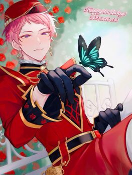 1boy belt black_gloves closed_mouth commentary dated earrings ensemble_stars! feature_scout_1_(ensemble_stars!) floral_print flower gloves happy_birthday highres itsuki_shu jewelry long_sleeves male_focus official_alternate_costume pink_hair purple_eyes red_flower red_rose rose short_bangs short_hair shouko_(yamapopp0) smile solo