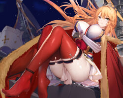 Rule 34 | 1girl, ass, azur lane, black gloves, breasts, covered erect nipples, covered navel, crown, flag, french flag, full body, gloves, grey eyes, hair between eyes, half gloves, kokanoko, large breasts, long hair, looking at viewer, night, night sky, orange hair, red thighhighs, richelieu (azur lane), rigging, sitting, sky, solo, thighhighs, vertical-striped sleeves, wet, wet clothes