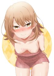 Rule 34 | 1girl, absurdres, arms behind back, bare shoulders, blonde hair, blush, breasts, breasts apart, closed mouth, collarbone, cowboy shot, downblouse, dress, half-closed eyes, highres, isshiki iroha, jksfs, leaning forward, light smile, looking at viewer, medium hair, nose blush, pink dress, short dress, sleeveless, sleeveless dress, small breasts, solo, strapless, strapless dress, yahari ore no seishun lovecome wa machigatteiru., yellow eyes