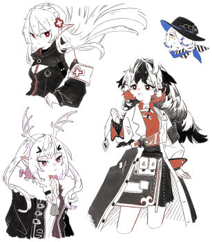 4girls :d arknights armband black_hair black_hat black_jacket black_skirt braid closed_mouth coat commentary_request cropped_legs cropped_torso crown_braid detached_sleeves dog_tags floating_hair flower fur-trimmed_jacket fur_trim hair_between_eyes hair_ornament hairclip hat head_wings holding jacket jewelry long_hair long_sleeves manticore_(arknights) mugioec multicolored_hair multiple_girls necklace open_clothes open_coat open_jacket open_mouth orchid_(arknights) pink_eyes pointy_ears puffy_long_sleeves puffy_sleeves red_eyes red_hair red_shirt scarf shirt simple_background skirt sleeveless sleeveless_shirt smile snowsant_(arknights) two-tone_hair warfarin_(arknights) white_background white_hair white_jacket white_shirt wings yellow_eyes