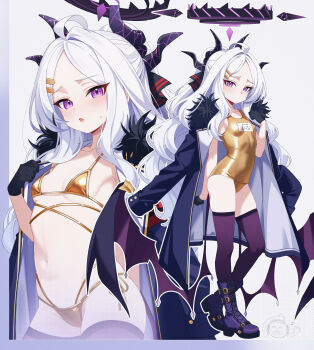1girl absurdres armband bikini black_gloves black_halo black_thighhighs blue_archive blush boots breasts coat coat_on_shoulders collarbone covered_navel demon_horns demon_wings full_body gloves gold_bikini gold_one-piece_swimsuit halo highres hina_(blue_archive) horns jacket karaage_(xxxmido02) loli long_hair looking_at_viewer name_tag navel old_school_swimsuit one-piece_swimsuit open_clothes open_jacket open_mouth purple_eyes school_swimsuit simple_background small_breasts swimsuit thighhighs very_long_hair white_background white_hair wings yellow_bikini