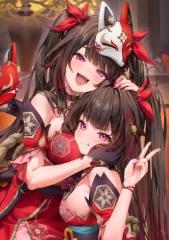 Rule 34 | 2girls, black gloves, blush, breasts, brown hair, commentary request, dress, fingernails, fox mask, gloves, gradient hair, grin, hand on another's head, hand up, highres, honkai: star rail, honkai (series), long hair, mask, matsunashi noe, medium breasts, multicolored hair, multiple girls, nail polish, open mouth, red dress, red eyes, red hair, red nails, sleeveless, sleeveless dress, smile, sparkle (honkai: star rail), teeth, twintails, upper teeth only, v, very long hair