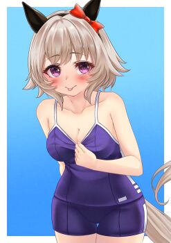 1girl absurdres animal_ears bare_arms blue_background blue_one-piece_swimsuit blush border bow breasts cleavage clothes_pull collarbone commentary_request curren_chan_(umamusume) ear_bow ear_covers grey_hair grey_tail highres horse_ears horse_girl large_breasts looking_at_viewer one-piece_swimsuit one-piece_swimsuit_pull outside_border pulling_own_clothes purple_eyes red_hair school_swimsuit short_hair solo swimsuit tongue tongue_out tracen_swimsuit umamusume umatoriinnnu white_border