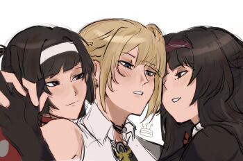 3girls astra_yao black_hair blonde_hair blush closed_mouth commentary dual_persona english_commentary evelyn_chevalier girl_sandwich hairband highres holding_hands interlocked_fingers looking_at_another multiple_girls myata_(dreamycke) parted_lips purple_eyes purple_hairband red_eyes sandwiched shirt simple_background smile white_background white_hairband white_shirt yuri zenless_zone_zero