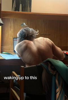 1boy absurdres ahoge alhaitham_(genshin_impact) archive_of_our_own artist_name back bleedingivory computer feathers from_behind genshin_impact grey_hair highres laptop male_focus meme muscular muscular_male pants scratches sitting solo topless_male unworn_clothes waking_up_to_this_(meme)