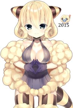 1girl black_eyes black_gloves black_shirt blonde_hair breasts cleavage dated gen_2_pokemon gloves hairpods halterneck highres kuro_guren looking_at_viewer mareep medium_breasts medium_hair nintendo personification pokemon pokemon_(creature) shirt smile standing striped_clothes striped_thighhighs tail thighhighs white_background