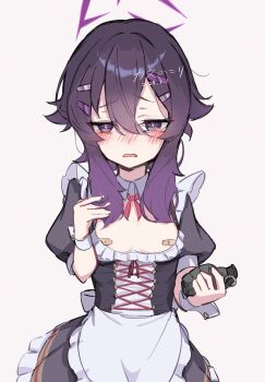 1girl apron bandaid bandaids_on_nipples black_dress blue_archive blush commentary dated dress explosive grenade hair_between_eyes hair_ornament hairclip halo haruka_(blue_archive) highres holding holding_grenade kasunokori long_hair looking_at_viewer open_mouth pasties puffy_short_sleeves puffy_sleeves purple_eyes purple_hair purple_halo short_sleeves simple_background solo tearing_up white_apron white_wrist_cuffs wrist_cuffs