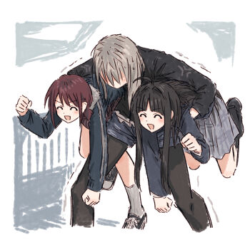 3girls ^_^ ahoge awa_subaru black_hair black_pantyhose black_shoes black_socks black_sweater blue_jacket blush carrying carrying_person closed_eyes commentary girls_band_cry grey_hair grey_skirt highres iseri_nina jacket kawaragi_momoka kneehighs long_hair long_sleeves multicolored_hair multiple_girls open_mouth pantyhose pantyhose_under_shorts parted_bangs pleated_skirt roots_(hair) school_uniform shoes shorts sidelocks skirt socks sweat sweater trembling yukitake_(bullfalk)