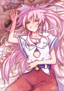 1girl arche_klein belt commentary_request earrings hair_spread_out highres jewelry long_hair looking_at_viewer lying on_back pink_eyes pink_hair ponytail smile solo tales_of_(series) tales_of_phantasia toraneko wide_ponytail