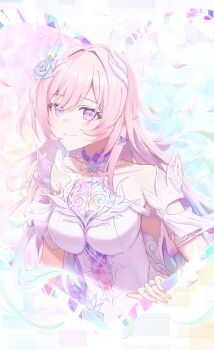 1girl absurdres armlet bare_shoulders breasts closed_mouth commentary cyrene_(honkai:_star_rail) cyrene_(ripples_of_past_reverie)_(honkai:_star_rail) diamond-shaped_pupils diamond_(shape) dress english_commentary fingernails flower hair_flower hair_ornament harutaro_5d highres honkai:_star_rail honkai_(series) jewelry large_breasts long_hair nail_polish pink_hair pink_nails pointy_ears purple_eyes purple_flower purple_rose rose sidelocks smile solo symbol-shaped_pupils upper_body white_dress