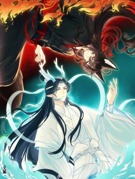 Rule 34 | 2boys, absurdres, ahoge, animal ears, artist name, bishounen, black coat, black hair, black hanfu, brown hair, chinese clothes, chinese commentary, closed mouth, coat, colored smoke, commentary request, couple, dragon boy, dragon horns, earrings, eastern dragon horns, fingernails, fire, floating, floating hair, fox boy, fox ears, fox tail, hagoromo, hair down, hair ribbon, half updo, hand up, hanfu, headband, highres, horns, jewelry, kemonomimi mode, lan wangji, long hair, long sleeves, looking at another, looking at viewer, male focus, modao zushi, multiple boys, nail polish, official alternate costume, official alternate hairstyle, open clothes, open coat, pointy ears, reaching, reaching towards another, red eyes, red nails, red ribbon, red sash, ribbon, robe, rotational symmetry, sash, sharp fingernails, shawl, sidelocks, smile, smoke, tail, tassel, tassel earrings, topknot, upside-down, watermark, wei wuxian, wei wuxian (yiling laozu), weibo watermark, white hanfu, white headband, white sash, white shawl, wide sleeves, xiao guan (headdress), xuan mao, yaoi, yaopei, yellow eyes